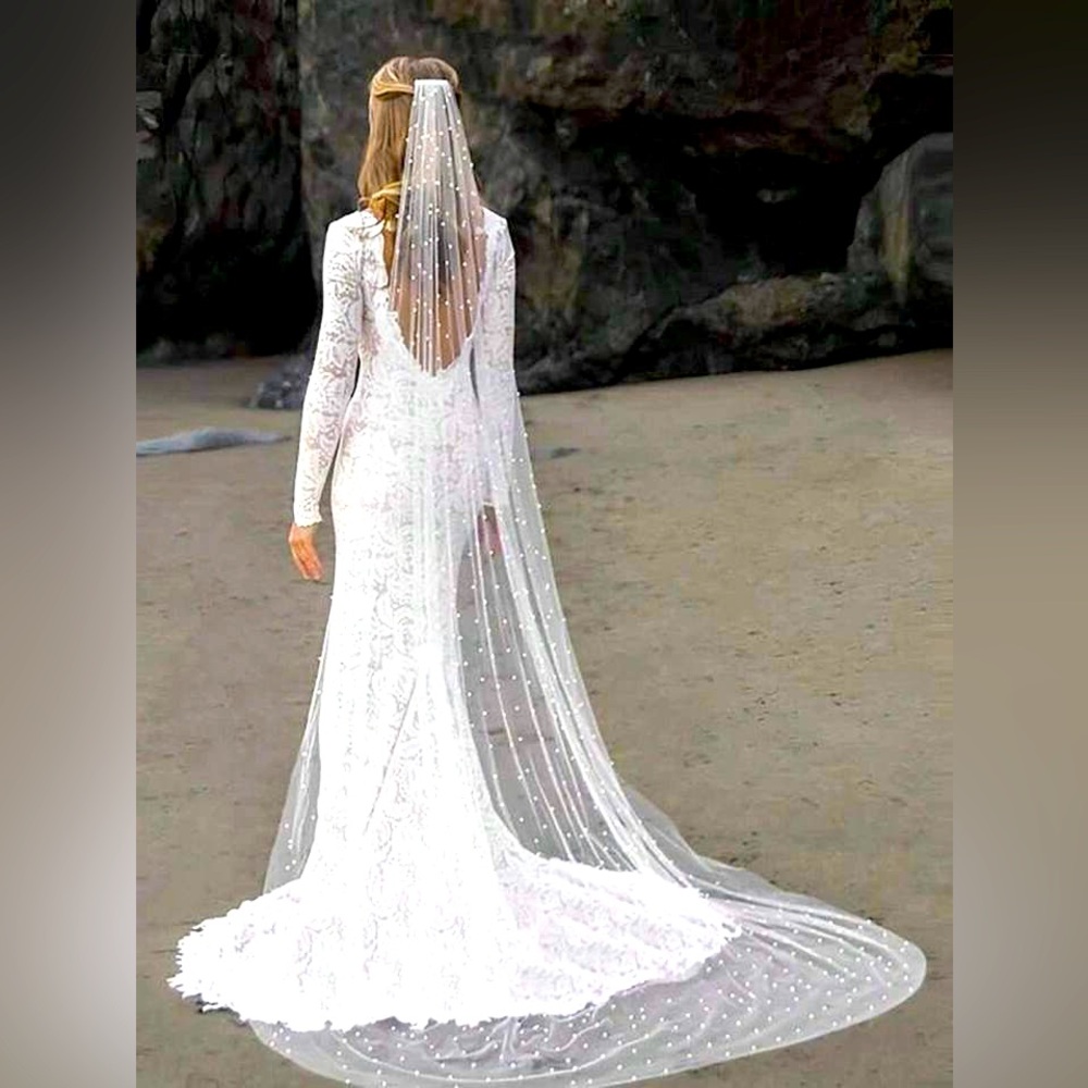 NEW White single layer wedding veil with pearl detail. Cathedral length